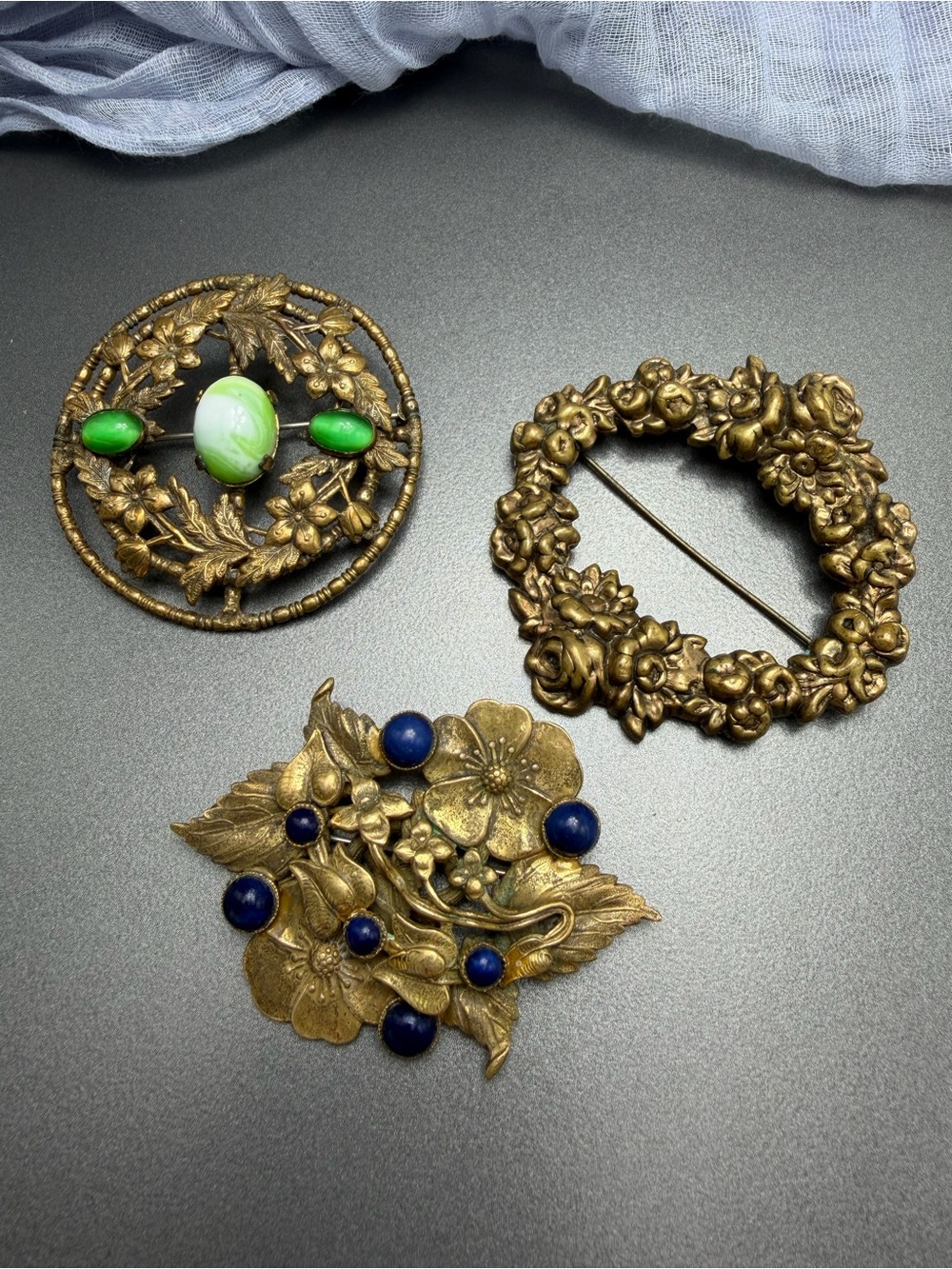 Antique Floral Brooch Set with Green & Blue Accents #336ub